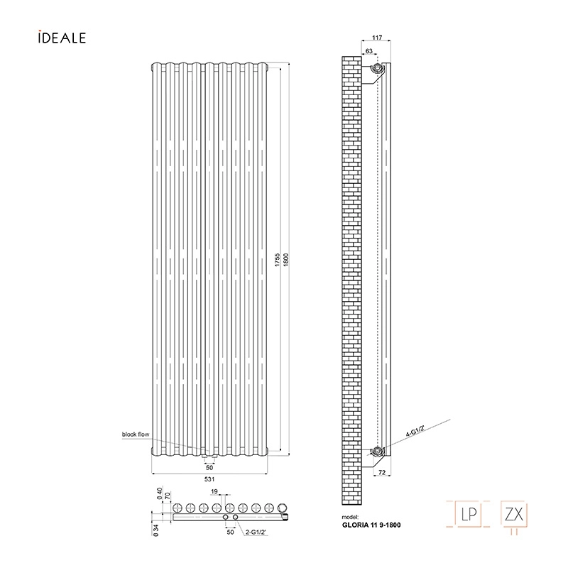 Радіатор дизайнерський IDEALE GLORIA 11 9/1800/531 (1215Вт) білий мат універсальне підключення Фото - 4