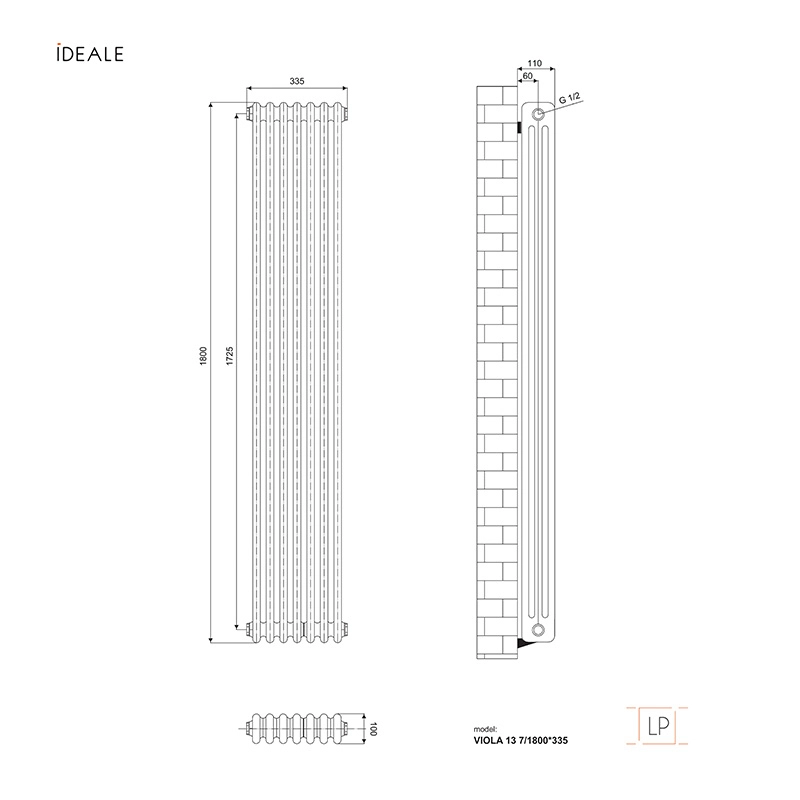 Радіатор дизайнерський IDEALE VIOLA 13 7/1800/335 (1246Вт)чорний мат Фото - 3