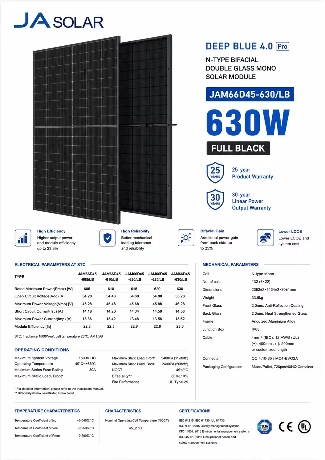 Сонячна панель JA Solar 630Вт N-type, Bifacial, JAM66D45-630/LB, cable 200/400mm Фото - 3