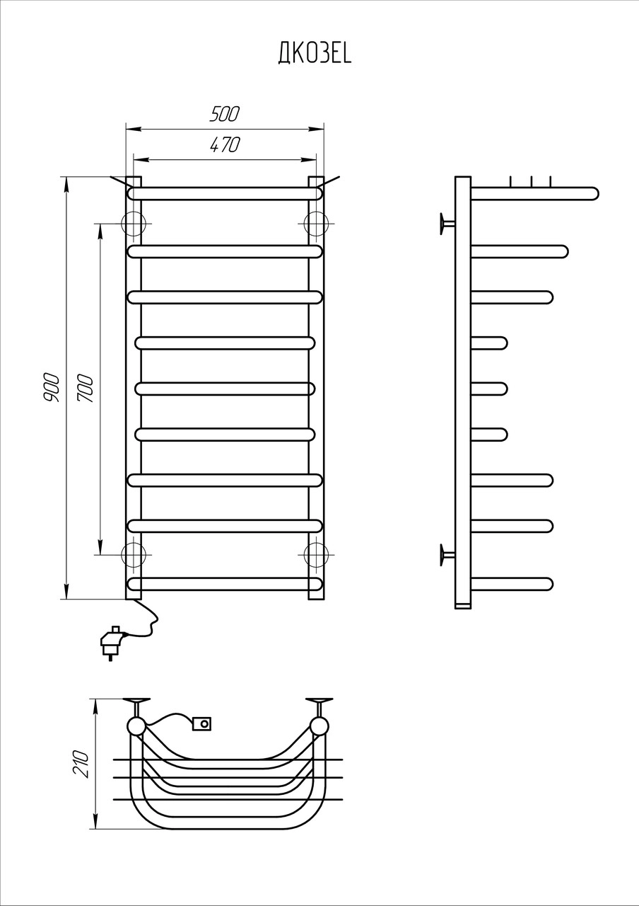 Рушникосушка електрична KOSSER Канна 900х500/9 EL, чорна Фото - 3