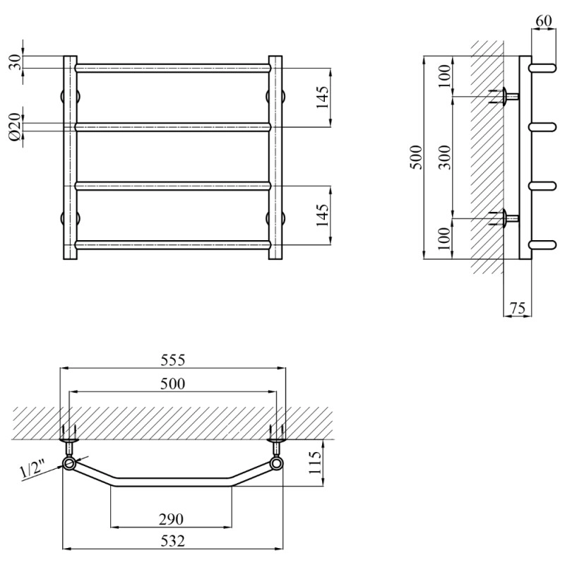 Сушарка для рушників водяна Kroner KRP Diva WT500x500-4 Фото - 4