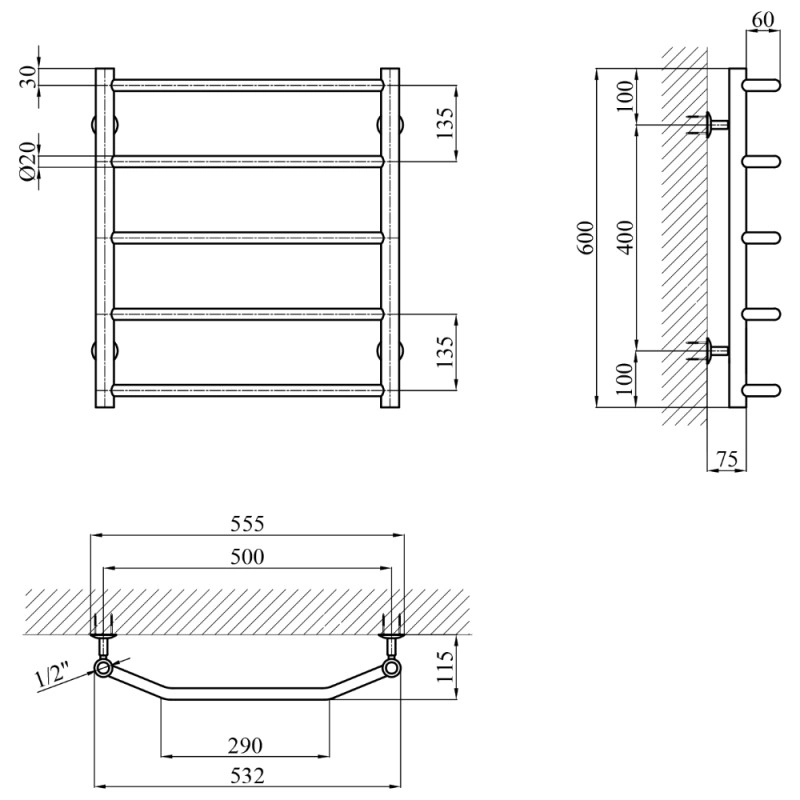 Сушарка для рушників водяна Kroner KRP Diva WT600x500-5 Фото - 4