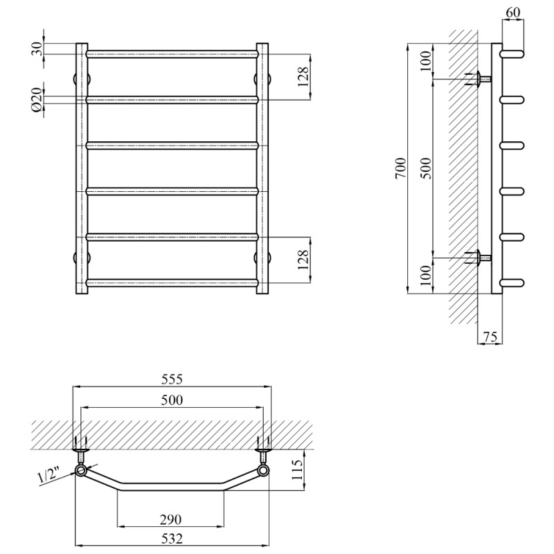 Сушарка для рушників водяна Kroner KRP Diva WT700x500-6 Фото - 4