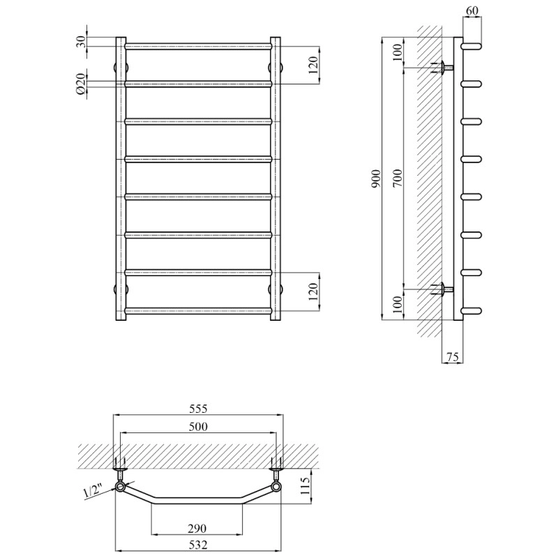 Сушарка для рушників водяна Kroner KRP Diva WT900x500-8 Фото - 4