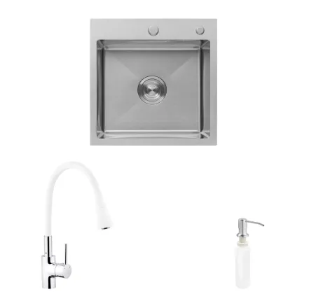 Комплект кухонная мойка Kroner Gebürstet-5050HM + смеситель Küche-C031WHI + дозатор Spender-016