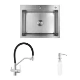 Комплект кухонная мойка Kroner Gebürstet-6050HM + смеситель Klassisch-ESG03817BLK+ дозатор Spender-016