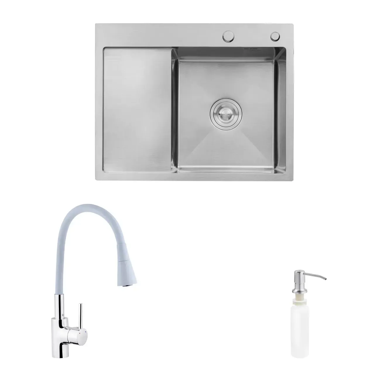 Комплект кухонна мийка Kroner Gebürstet-6350RHM + змішувач Küche-C031GRA + дозатор Spender-016