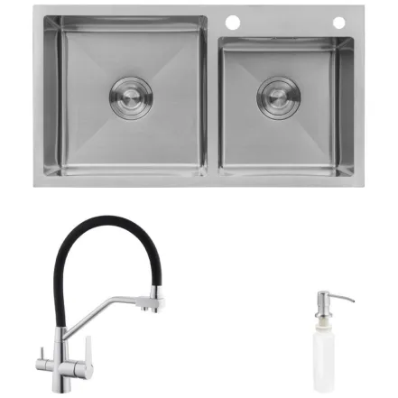Комплект кухонна мийка Kroner Gebürstet-7843ZHM + змішувач Edelstahl Klassisch-ESG03817BLK + дозатор Spender-016