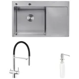 Комплект кухонна мийка Kroner Gebürstet-7849LHM + змішувач Edelstahl Klassisch-ESG03815BLK + дозатор Spender-016