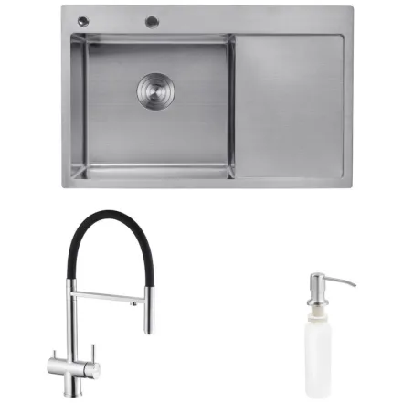 Комплект кухонна мийка Kroner Gebürstet-7849LHM + змішувач Edelstahl Klassisch-ESG03815BLK + дозатор Spender-016