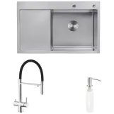 Комплект кухонная мойка Kroner Gebürstet-7849RHM + смеситель Edelstahl Klassisch-ESG03815BLK+ дозатор Spender-016