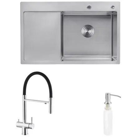 Комплект кухонна мийка Kroner Gebürstet-7849RHM + змішувач Edelstahl Klassisch-ESG03815BLK+ дозатор Spender-016