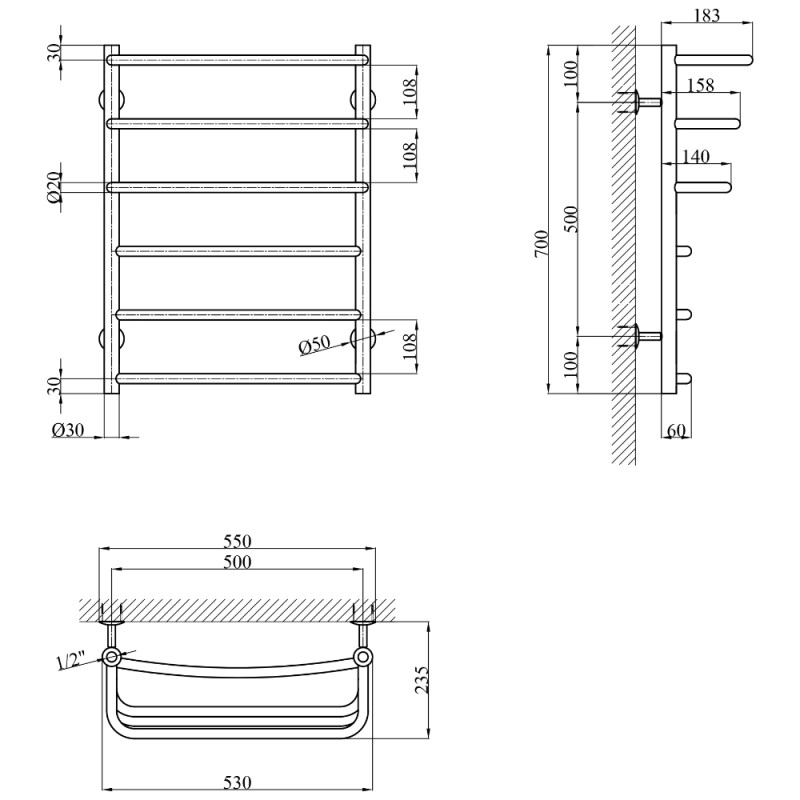 Сушарка для рушників водяна Kroner KRP Prima WT700x500-6 Фото - 1