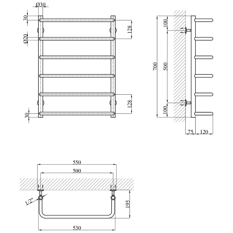 Сушарка для рушників водяна Kroner KRP Stil WT700x500-6 Фото - 1