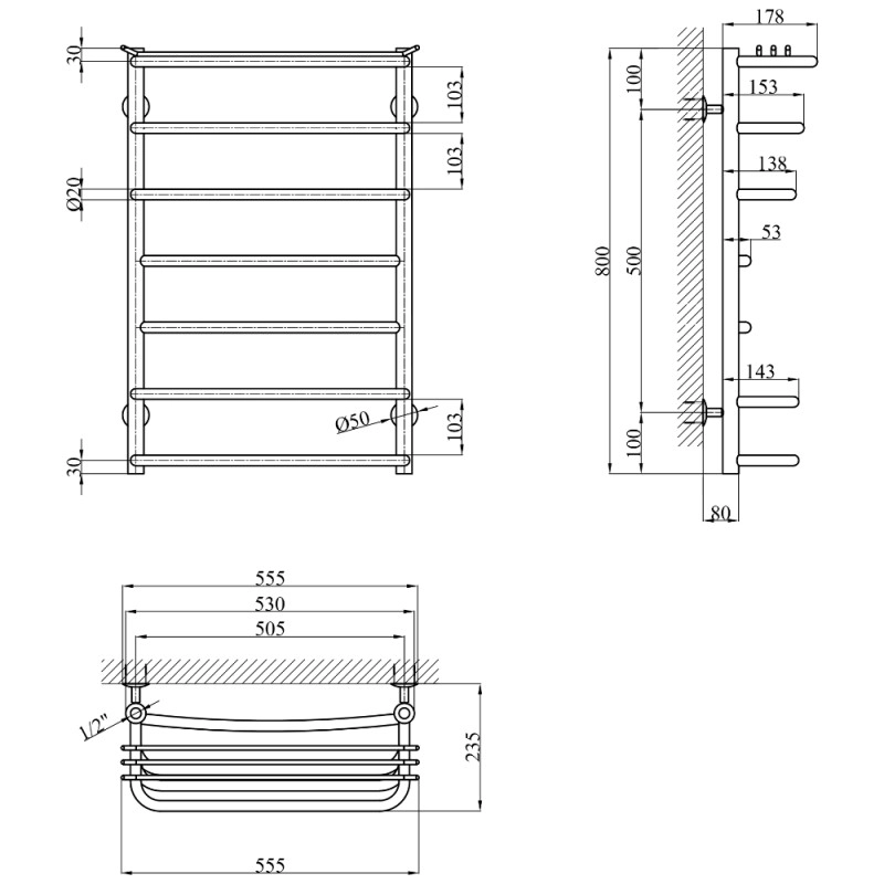 Сушарка для рушників водяна Kroner KRP Stern WT800x500-7 Фото - 1