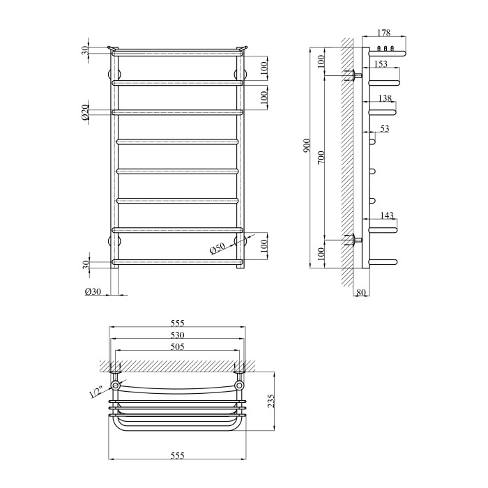 Полотенцесушитель водяной Kroner KRP Stern WT900x500-8 Фото - 1
