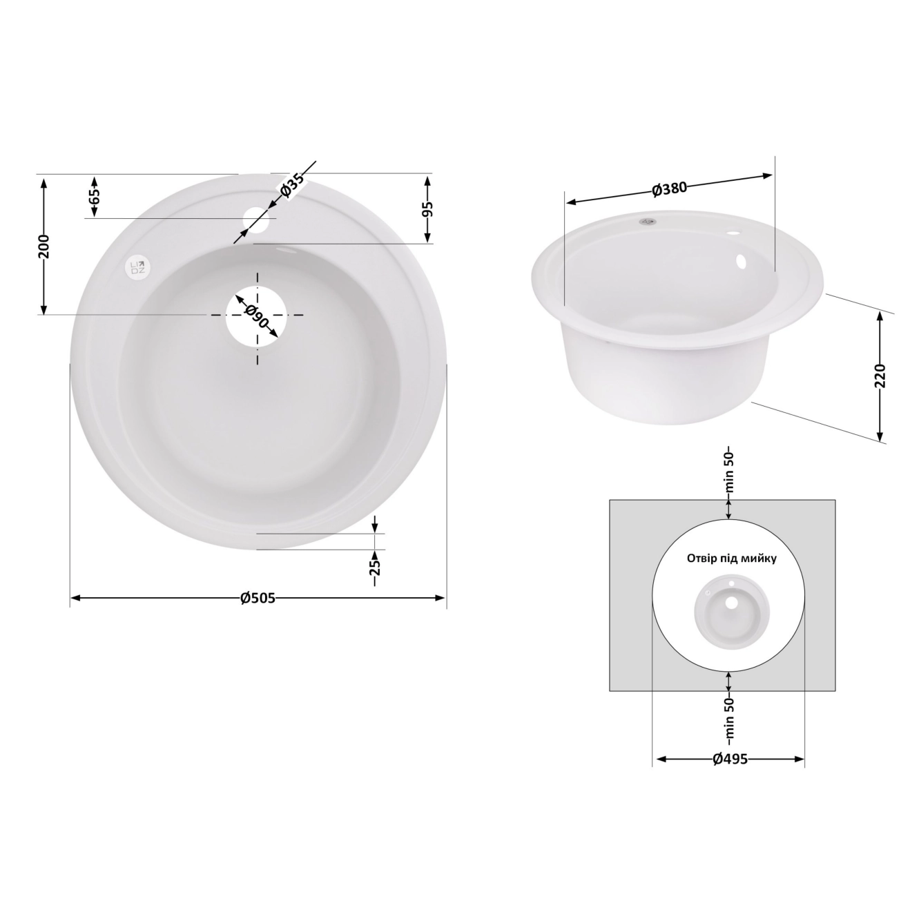 Кухонна мийка Lidz D510/200 WHI-01 (LIDZWHI01D510200) Фото - 1