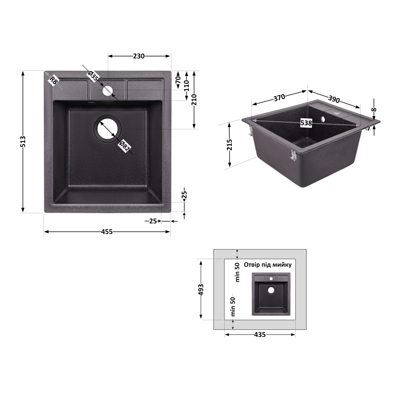 Кухонна мийка Lidz 460х515/200 GRF-13 (LIDZGRF13460515200) Фото - 1