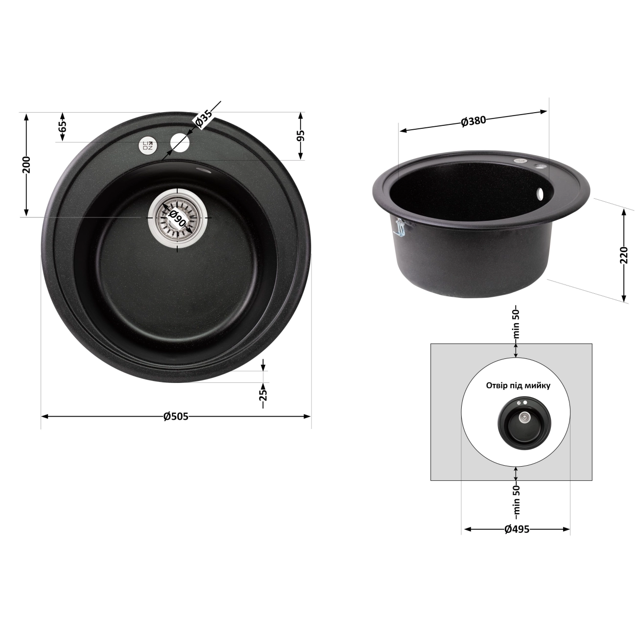 Кухонна мийка Lidz D510/200 BLM-14 (LIDZBLM14D510200) Фото - 1