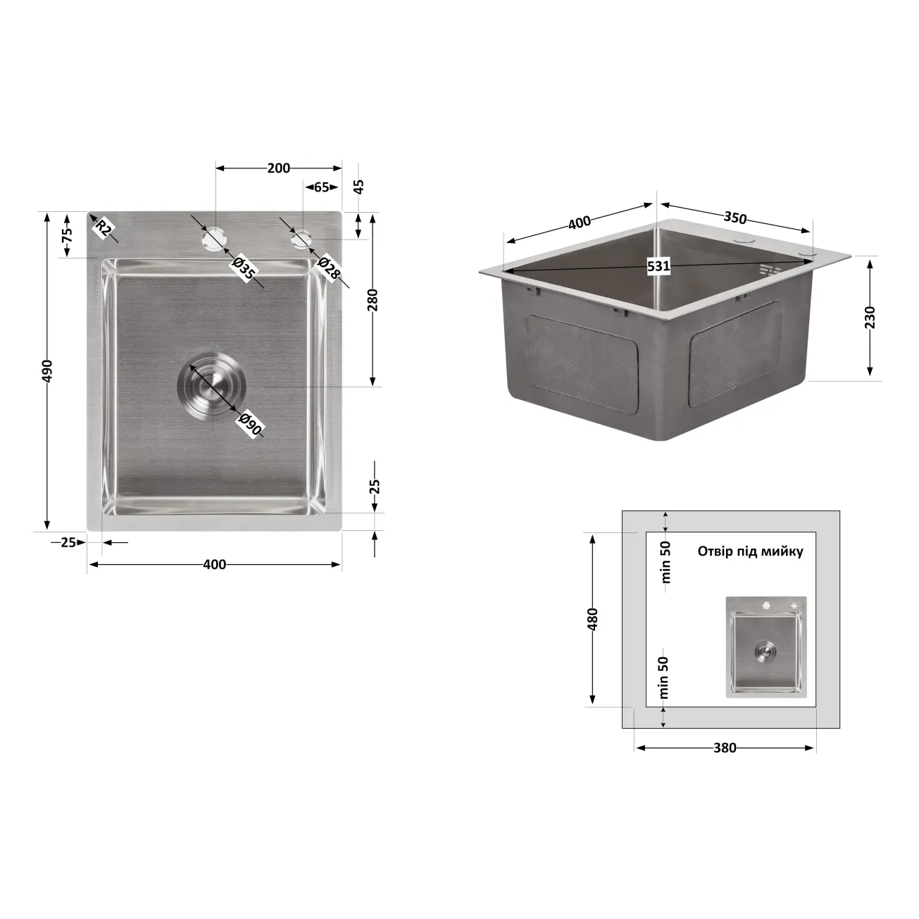 Мойка для кухни интегрированная Lidz Handmade H4050 (LDH4050BRU39258) Brushed Steel 3,0/1,0 мм Фото - 1