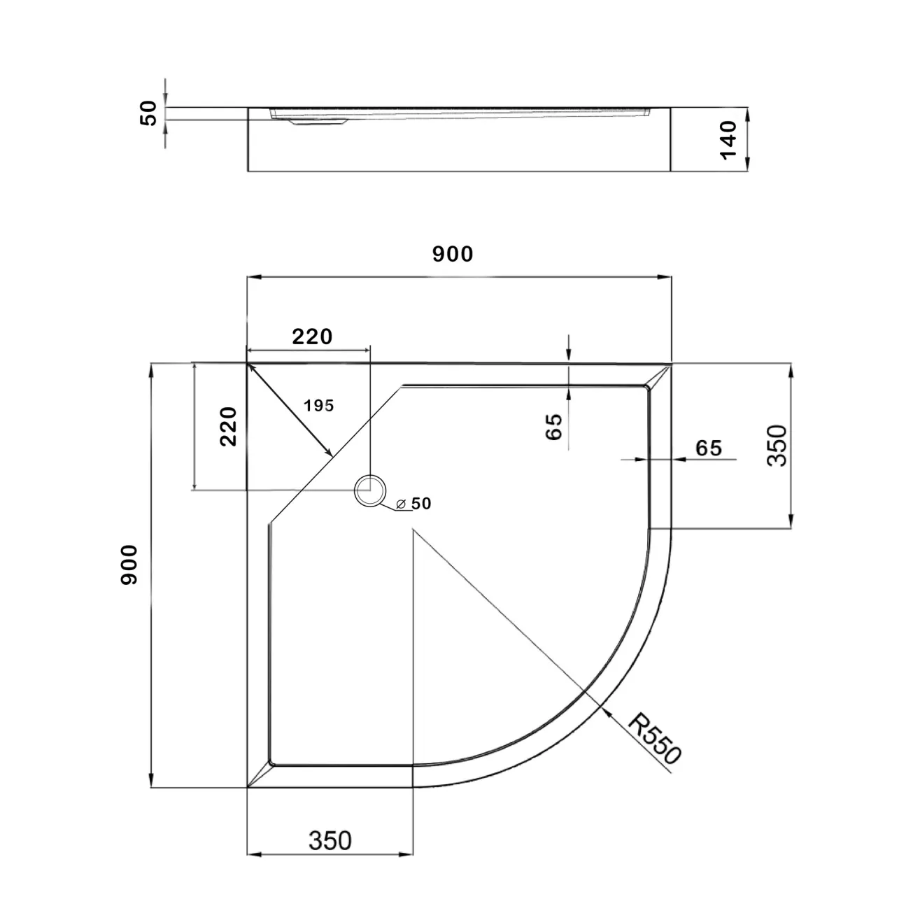 Душевой поддон Lidz Kapielka ST90x90x14 низкий, полукруглый, диаметр слива 52 мм  Фото - 1