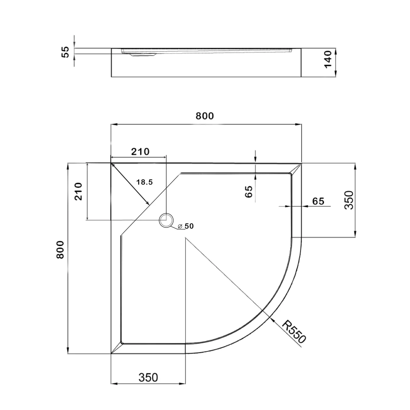 Душевой поддон Lidz KAPIELKA ST80x80x14 низкий, полукруглый, диаметр слива 52 мм Фото - 1