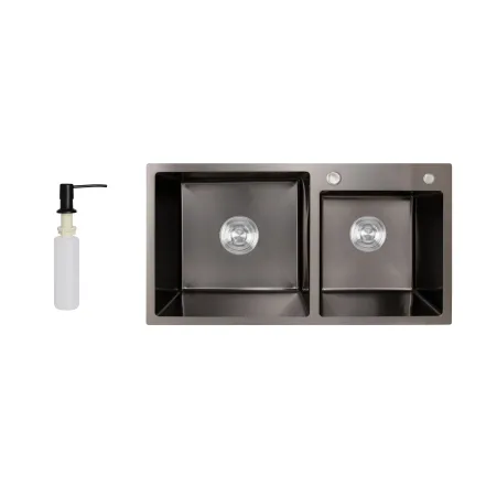 Мойка для кухни с двумя чашами интегрированная Lidz Handmade H7843 (LDH7843BPVD45586) Brushed Black PVD 3,0/1,0 мм