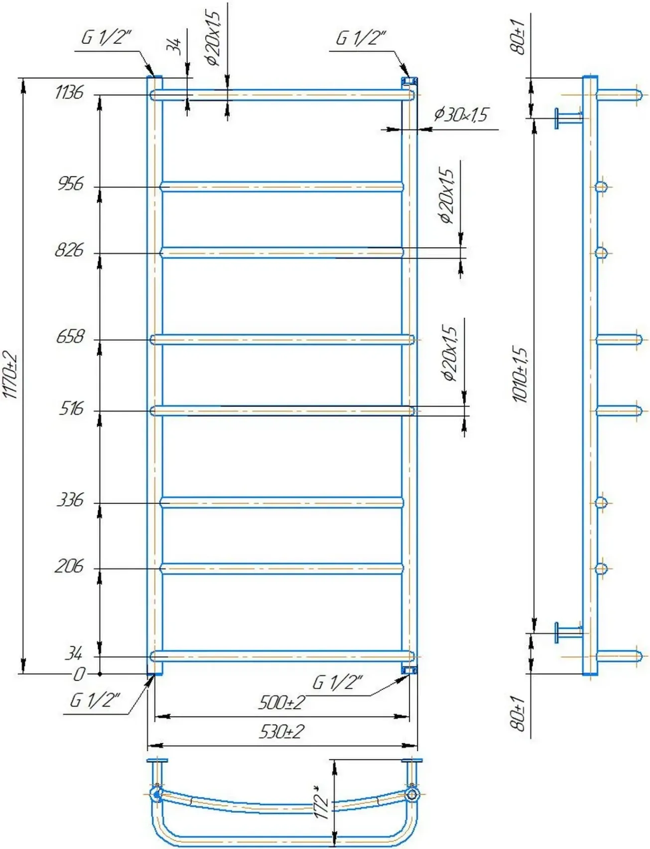 Водяна рушникосушарка Mario INOX Люкс HP 1170х530/500 (1.8.044584.P) Фото - 3