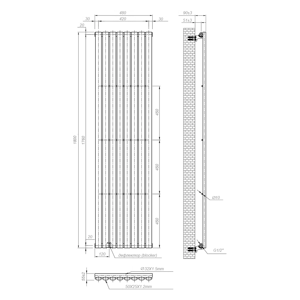Вертикальный радиатор Navin Ellipse 480х1800-8, anticor, белый Фото - 5