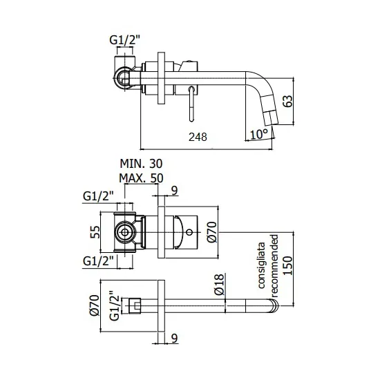 Змішувач для умивальника Paffoni Joker настінний, одноважільний, вилив 248 мм, хром (JK007CR70) Фото - 2