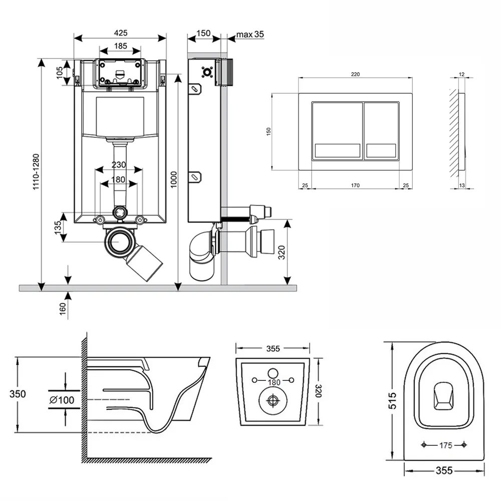 Готове рішення Qtap для ванної кімнати: підвісний унітаз Swan Rimless 520х360х320 + комплект інсталяції Nest 4 в 1 (квадратна клавіша Satin) Фото - 1