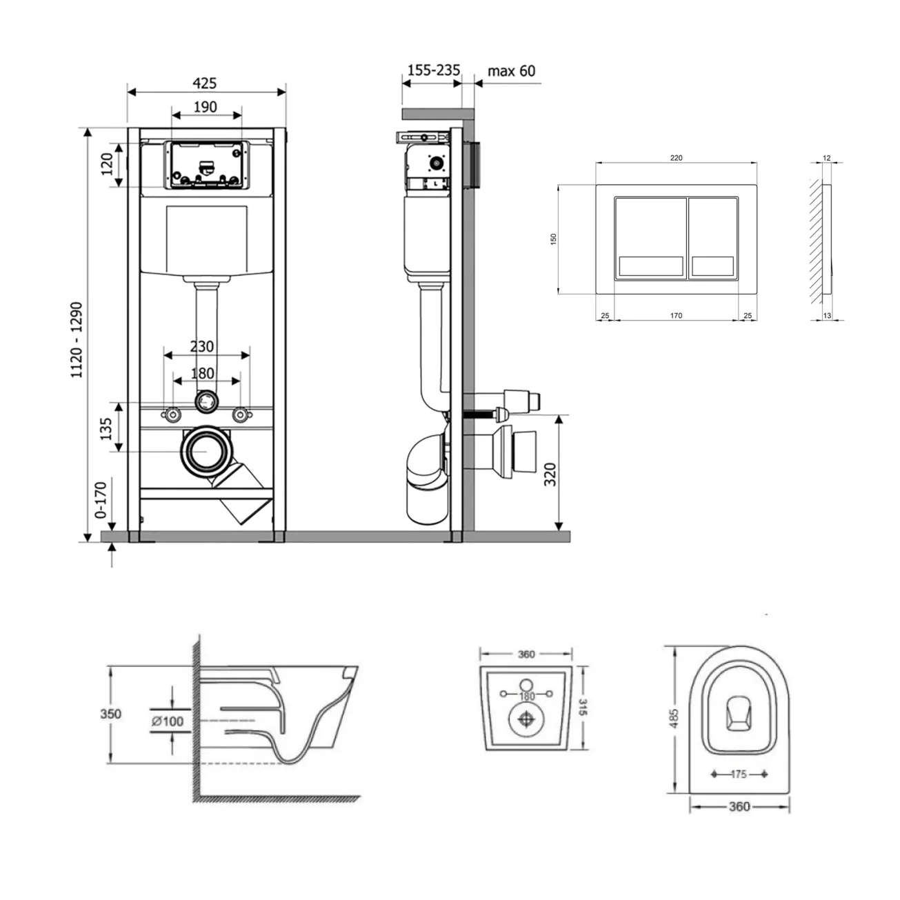 Готовое решение Qtap для ванной комнаты: подвесной унитаз Jay Ultra Quiet 485x360x320 + комплект инсталляции Nest 4 в 1 (квадратная клавиша Chrome) Фото - 1