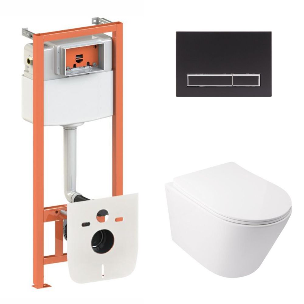 Готовое решение Qtap для ванной комнаты: подвесной унитаз Swan Ultra Quiet 485x360x320 + комплект инсталляции Nest 4 в 1 (линейная клавиша Black mat)