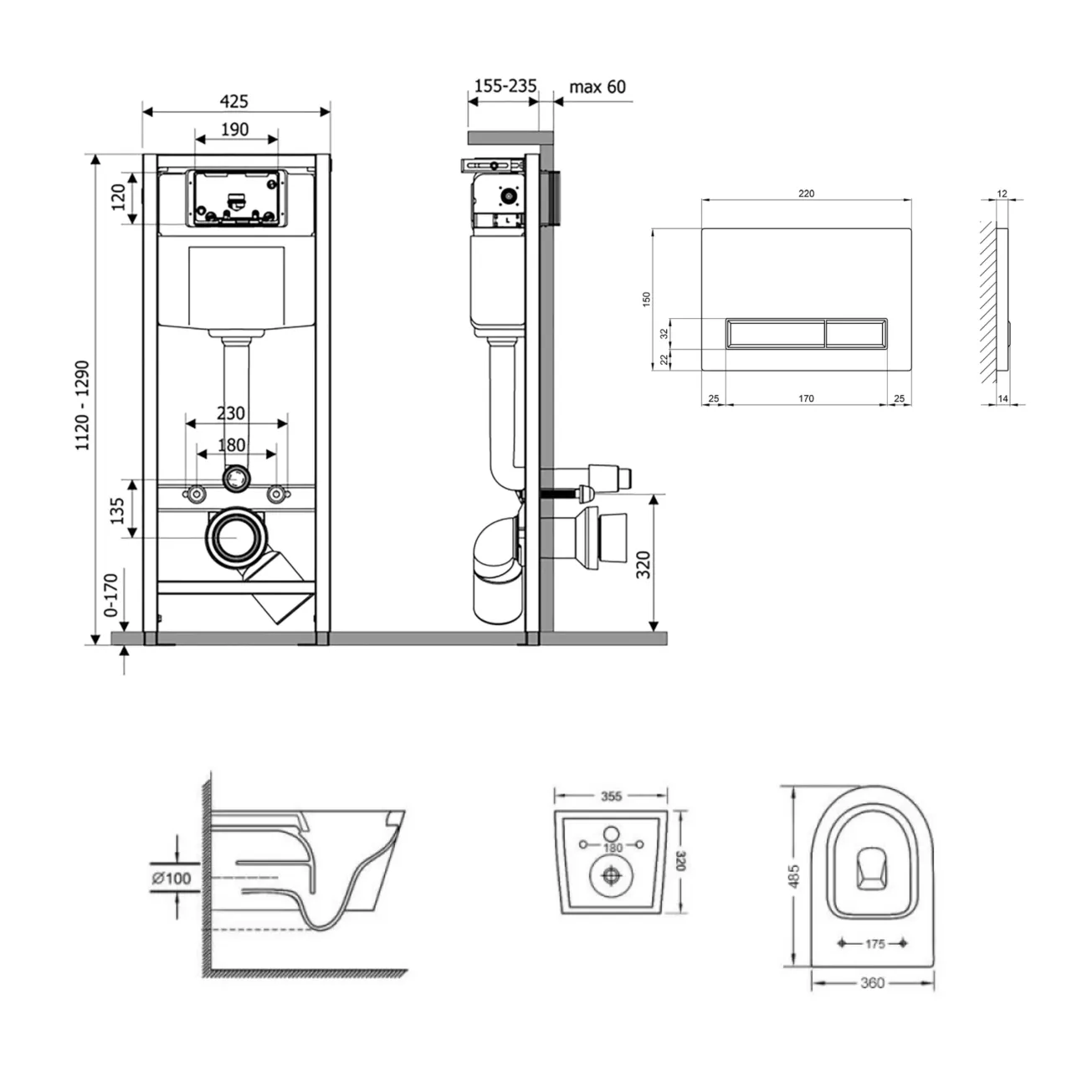 Готове рішення Qtap для ванної кімнати: підвісний унітаз Swan Ultra Quiet 485x360x320 + комплект інсталяції Nest 4 в 1 (лінійна клавіша Black mat) Фото - 1