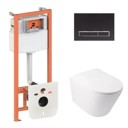 Готовое решение Qtap для ванной комнаты: подвесной унитаз Swan Ultra Quiet 485x360x320 + комплект инсталляции Nest 4 в 1 (линейная клавиша Black mat)