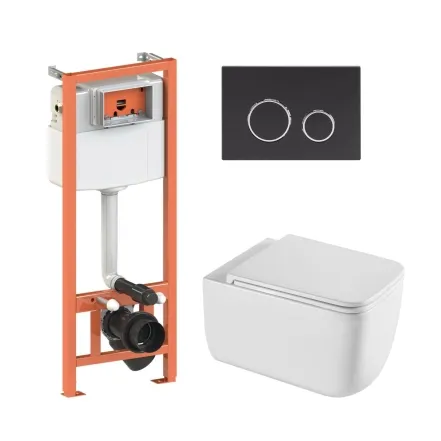 Готовое решение Qtap для ванной комнаты: подвесной унитаз Gemini Ultra Quiet 530х365х373 + комплект инсталляции Nest 4 в 1 (круглая клавиша Black mat)