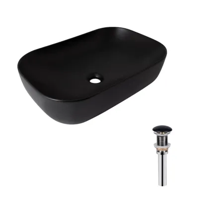 Комплект Qtap Robin: Раковина накладная прямоугольная 600x390x150 мм Matt Black + Донный клапан PU03