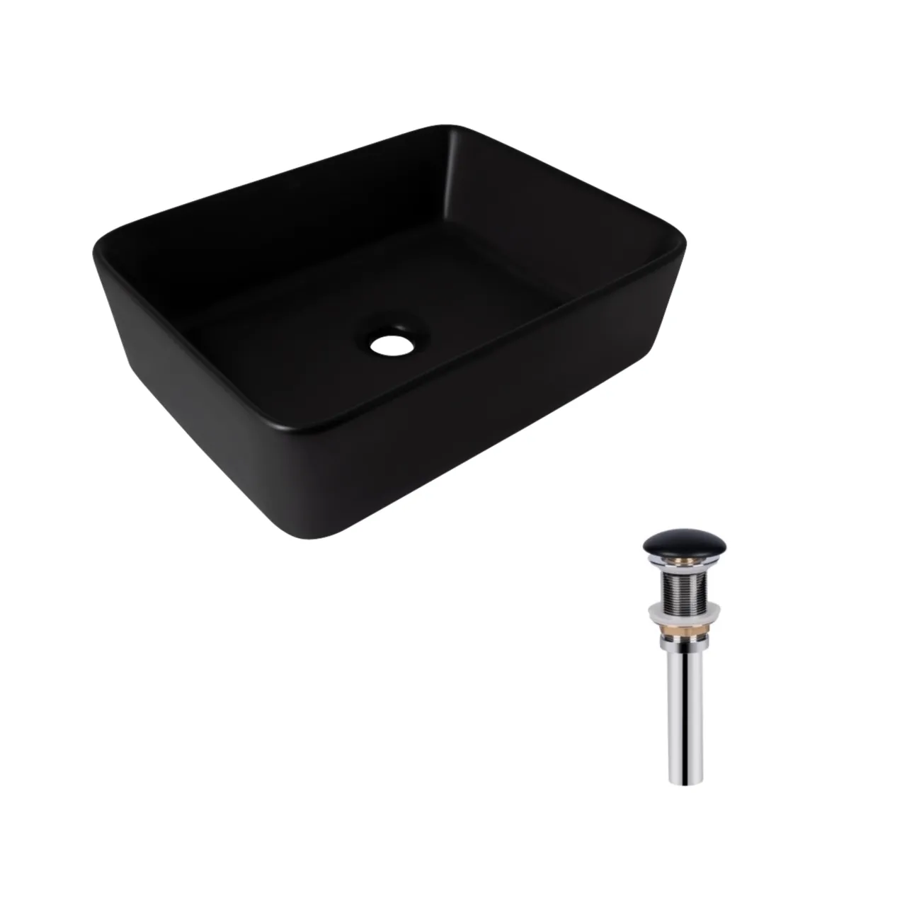 Комплект Qtap Tern: Раковина накладная прямоугольная 480х370х135 мм Matt Black + Донный клапан PU03