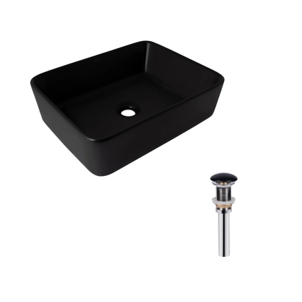 Комплект Qtap Tern: Раковина накладна прямокутна 480х370х135 мм Matt Black + Донний клапан PU03
