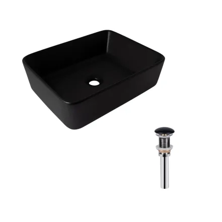 Комплект Qtap Tern: Раковина накладная прямоугольная 480х370х135 мм Matt Black + Донный клапан PU03