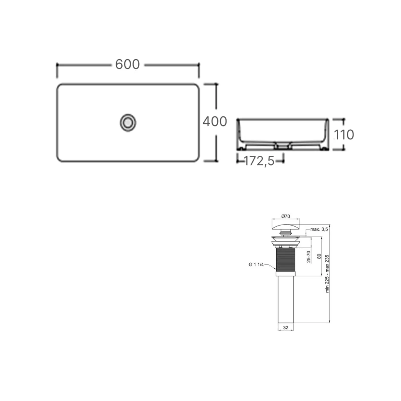 Комплект Qtap Tern: Раковина накладная прямоугольная 600x400x110 мм WHITE + Донный клапан PU02 Фото - 1