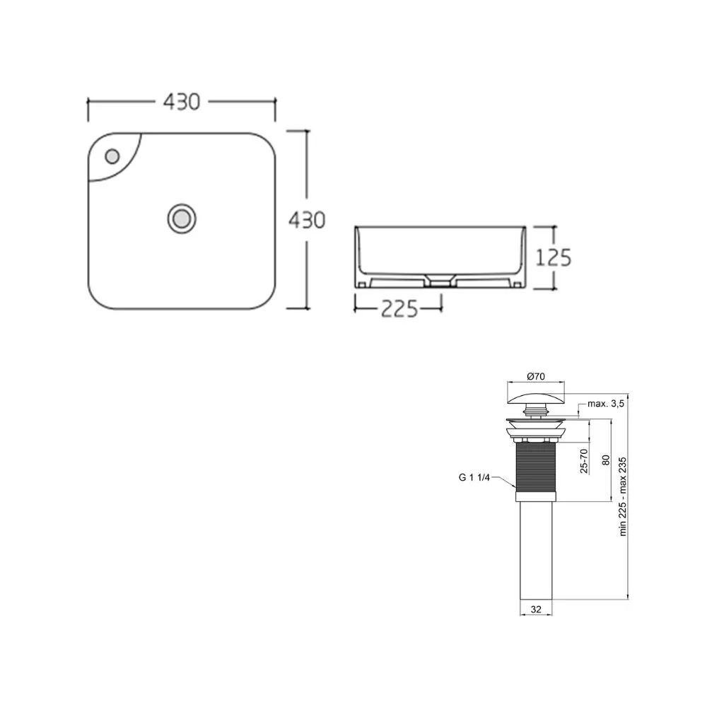 Комплект Qtap Stork: Раковина накладная квадратная 430x430x125 мм White + Донный клапан PU02 Фото - 1