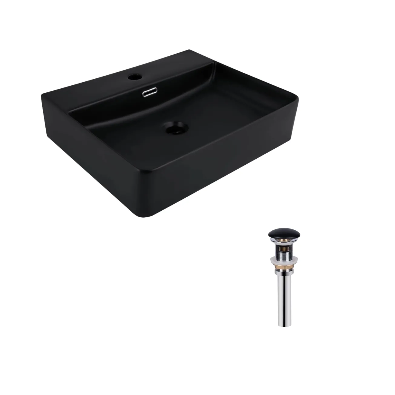 Комплект Qtap Nando LT: Раковина подвесная прямоугольная 500х420х130 мм Matt Black + Донный клапан PU03O