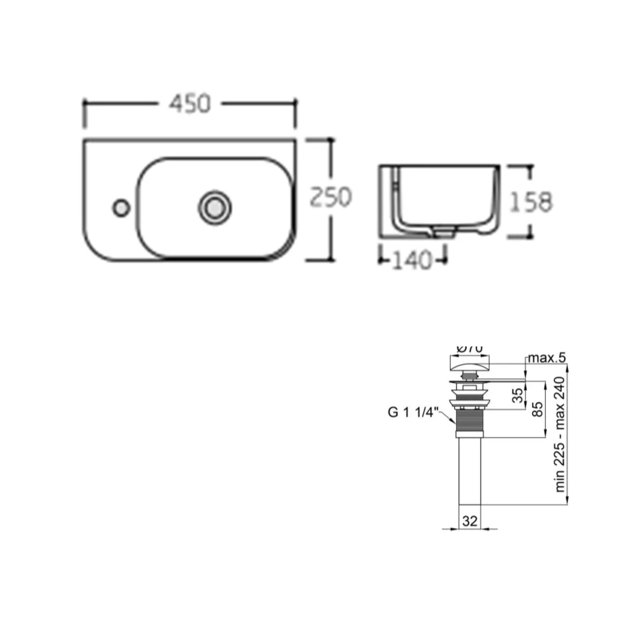 Комплект Qtap Tern: Раковина подвесная прямоугольная левая 450х250х158 мм White + Донный клапан PU02O Фото - 1