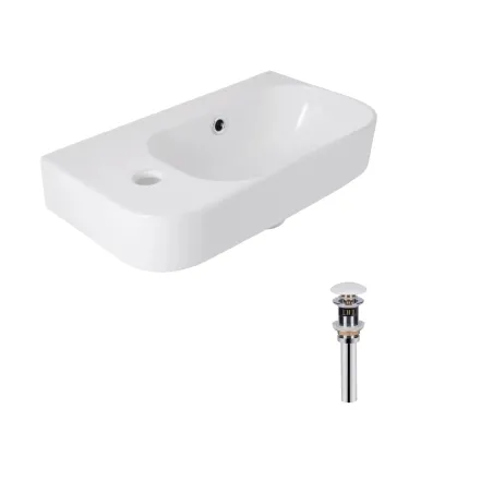 Комплект Qtap Tern: Раковина підвісна прямокутна ліва 450х250х158 мм White + Донний клапан PU02O