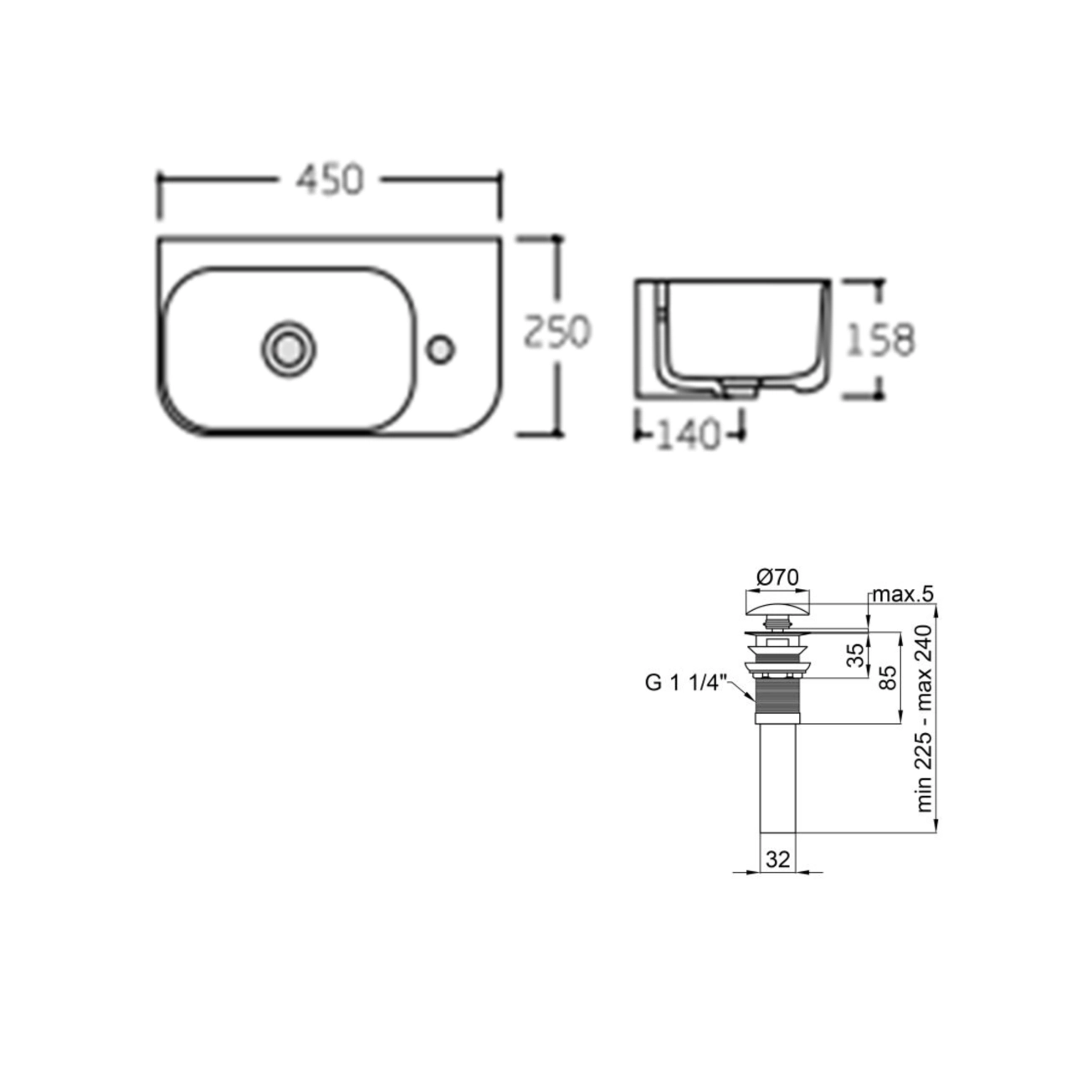 Комплект Qtap Tern: Раковина подвесная прямоугольная правая 450х250х158 мм White + Донный клапан PU02O Фото - 1