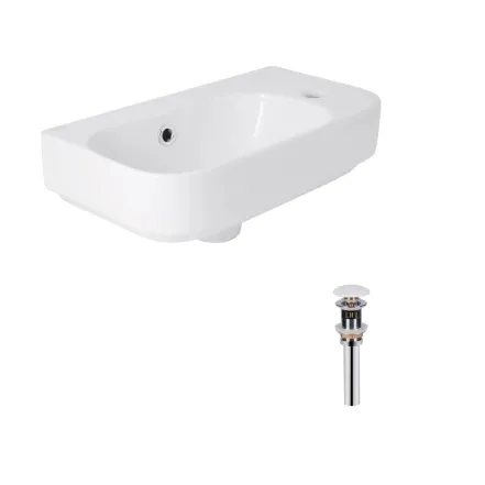 Комплект Qtap Tern: Раковина підвісна прямокутна права 450х250х158 мм White + Донний клапан PU02O