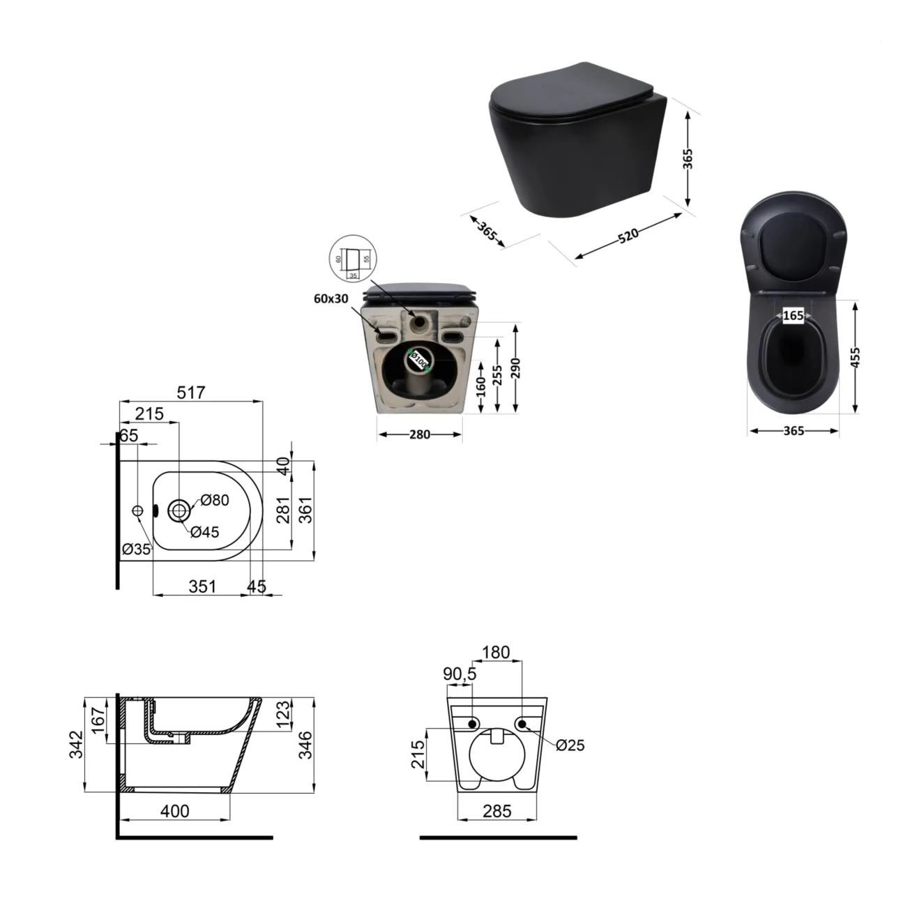 Комплект Qtap Scorpio Matt Black 2 в 1: унітаз підвісний Ultra Quiet QT14332380AMB + біде підвісне QT1455053FMB Фото - 1