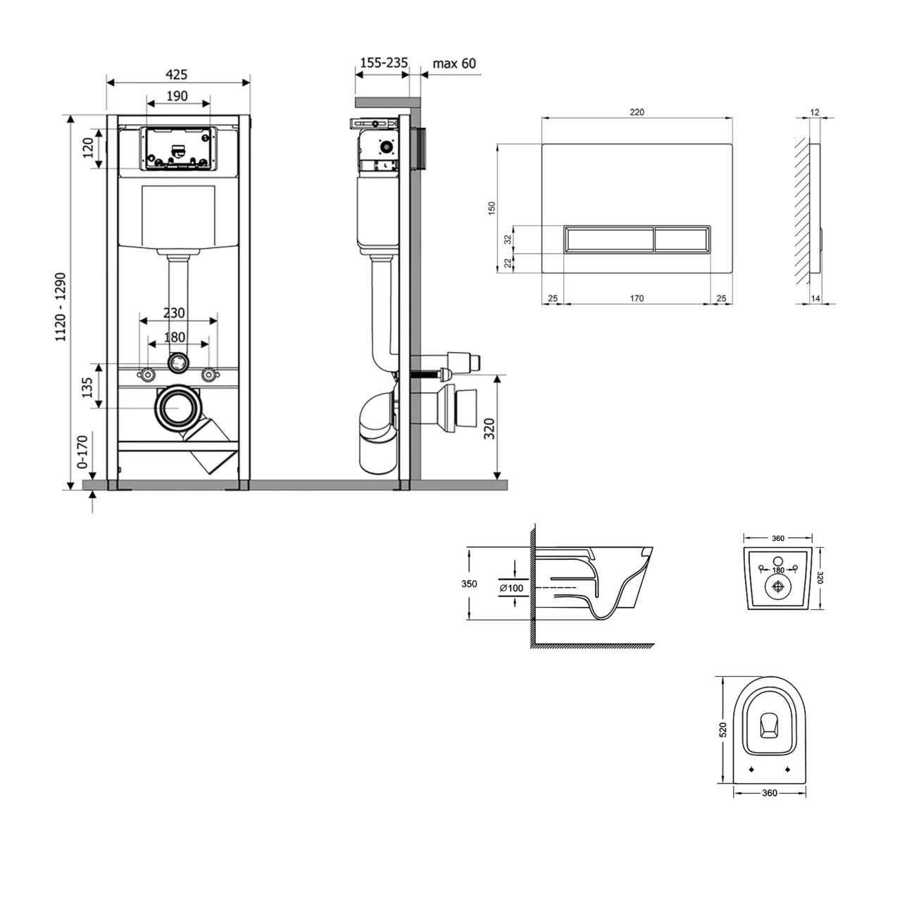 Готовое решение Qtap для ванной комнаты: подвесной унитаз Jay Ultra Quiet 520x360x320 + комплект инсталляции Nest 4 в 1 (линейная клавиша White) Фото - 1