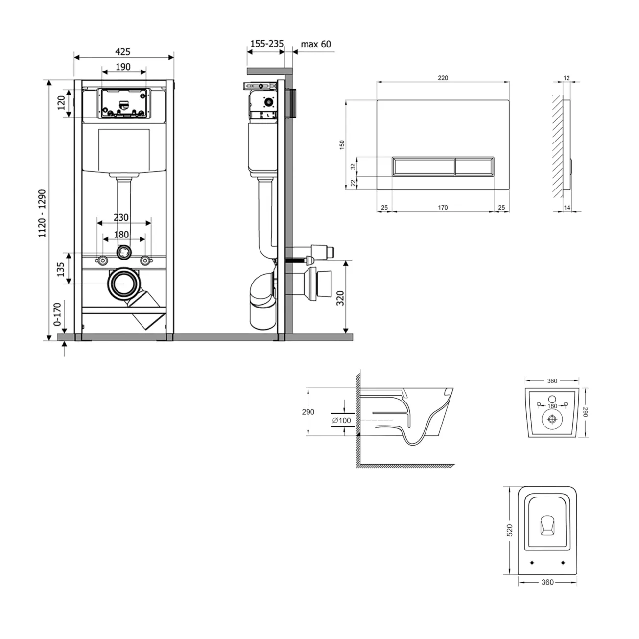 Готовое решение Qtap для ванной комнаты: подвесной унитаз Crow Ultra Quiet 520x360x290 + комплект инсталляции Nest 4 в 1 (линейная клавиша White) Фото - 1